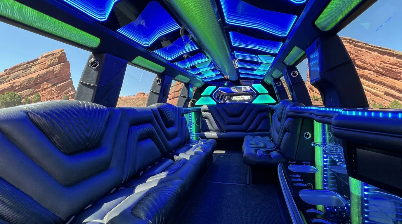 Inside the Chevy Suburban limo in Greenwood Village: LED light-show ceiling, leather lounge seating and lit bar