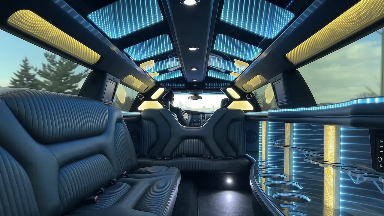 Inside the Dodge Charger limo in Greenwood Village: LED light-show ceiling, leather lounge seating and lit bar