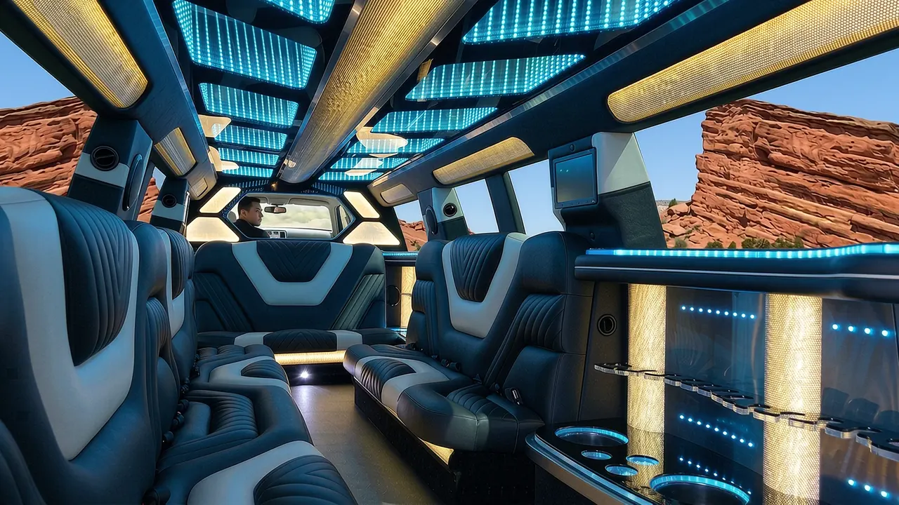 Inside the Mercedes GLS limo in Greenwood Village: LED light-show ceiling, leather lounge seating and lit bar