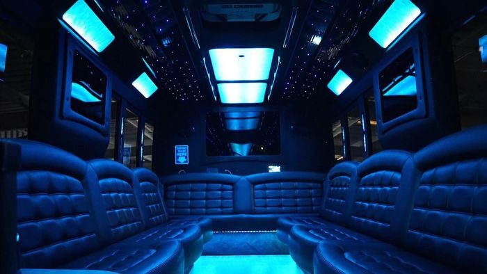 Wraparound seating and blue LED lights – Greenwood Village limo service