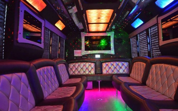 Party bus lounge with LED ceiling – Greenwood Village limo service